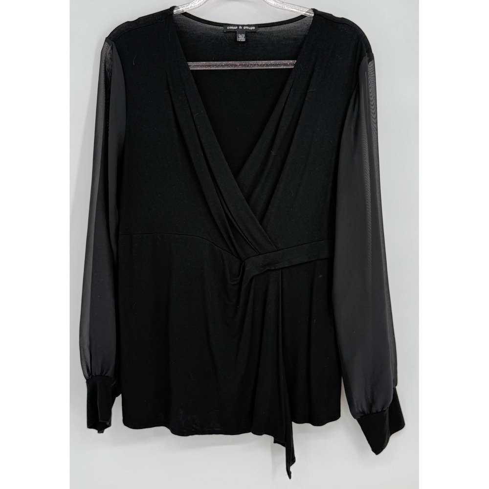 Cable & Gauge Black Wrap V-Neck Blouse Sheer‎ Mesh Long Sleeve Top Sz XL
